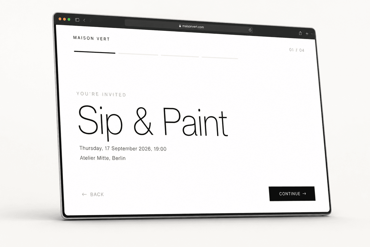 RSVP invitation page for a Sip & Paint event shown in a laptop browser mockup